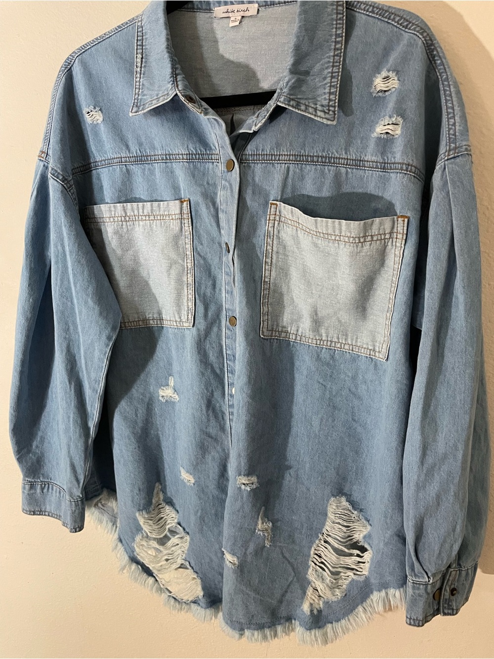 White Birch Light Wash Distressed Denim Button-Front Shirt
